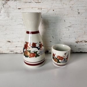 Vintage Japanese Porcelain Sake Bottle and Cup Set Carafe Pitcher Cherry Blossom